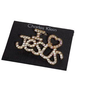 Charles Klein Brooch Pin Gold Tone I Love Jesus Rhinestone Letters Religion